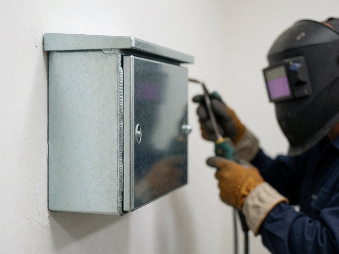 Close-up detail of a worker welding a metal box against a white background, highlighting the industrial process and safety equipment.