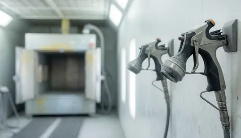 Metal spray guns hanging on a white wall with a blurred curing oven in the background, providing a clean industrial backdrop for text.