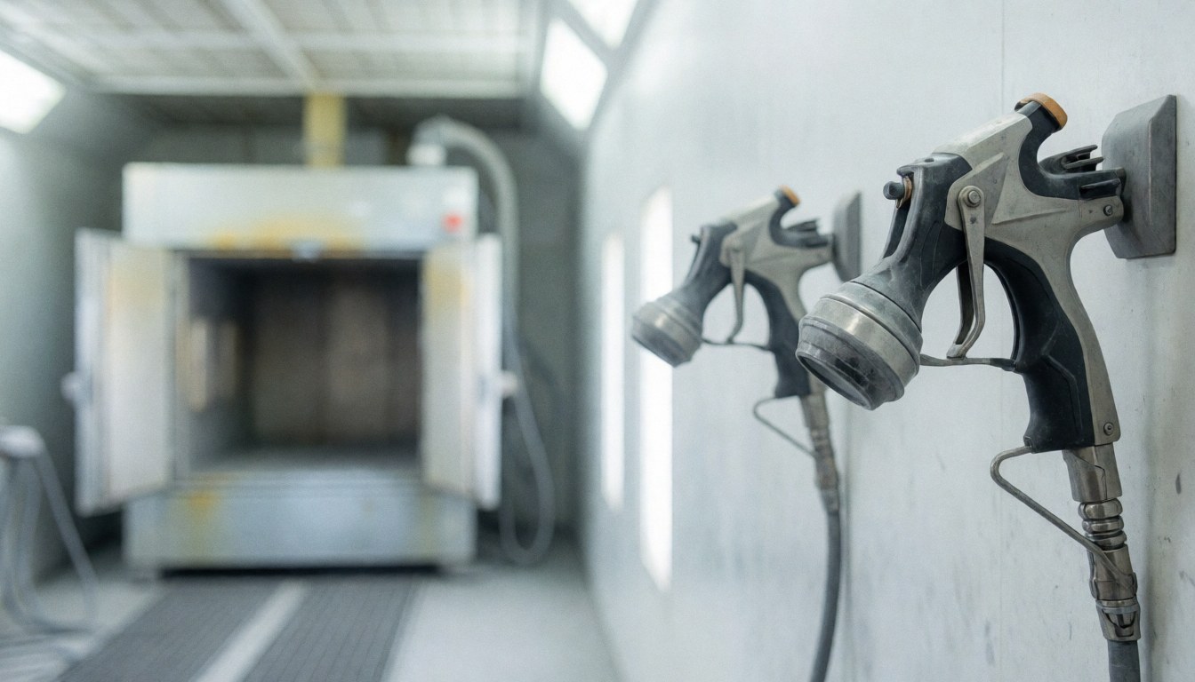 Metal spray guns hanging on a white wall with a blurred curing oven in the background, providing a clean industrial backdrop for text.