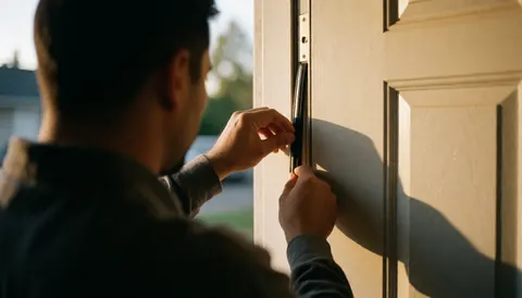 Close-up of installer hands adjusting exterior door sealant with warm lighting and blurred background