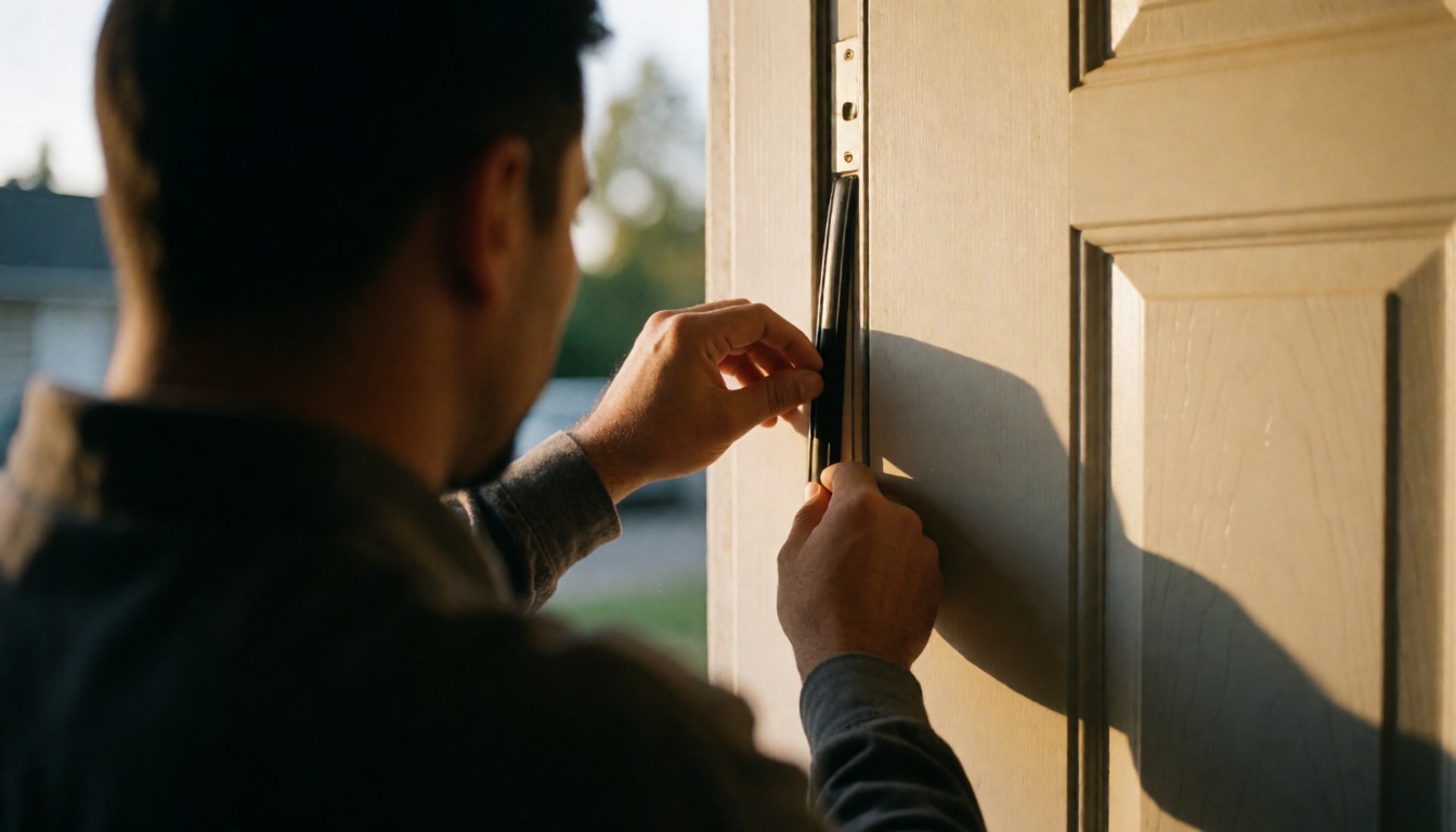 Close-up of installer hands adjusting exterior door sealant with warm lighting and blurred background