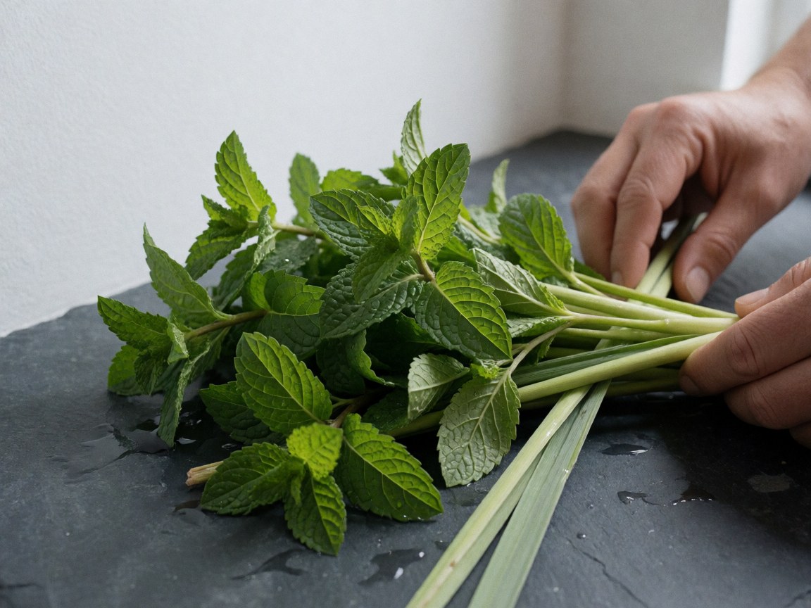 Adult hands holding mint and cinnamon branches on a wet dark stone with water drops and soft light