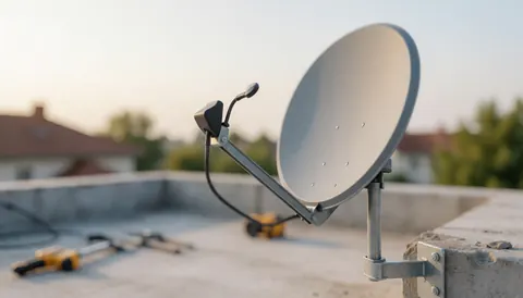 Satellite dish mounted on a residential roof with scattered installation tools, blurred background of houses and trees, soft sunset light.