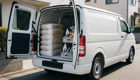 White work van parked on a residential street with rear doors open, displaying bags of stucco and organized finishing tools under morning light.