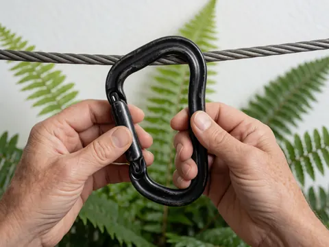 Close-up of a black carabiner attached to a steel cable, held by hands with green foliage in the background