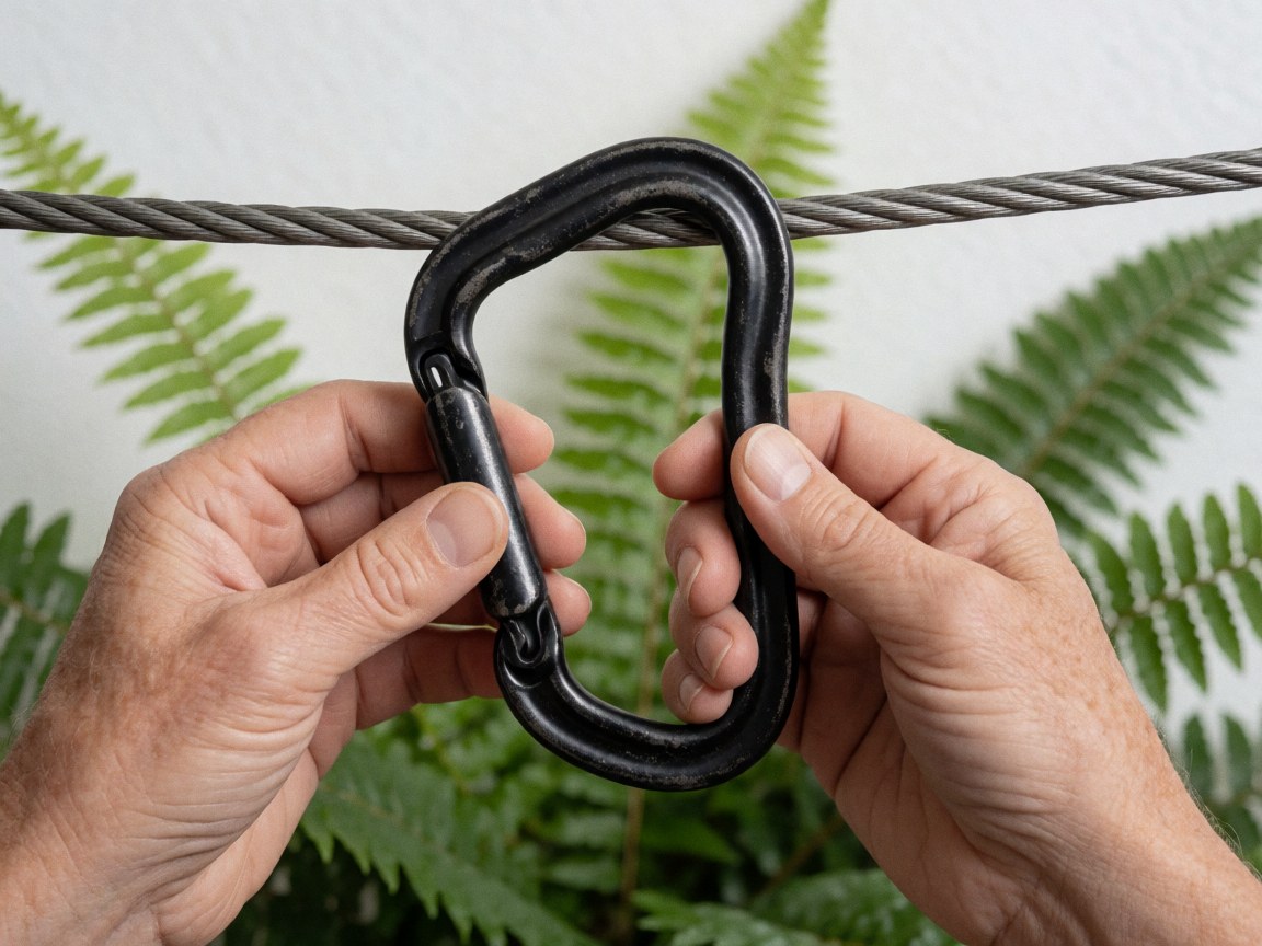 Close-up of a black carabiner attached to a steel cable, held by hands with green foliage in the background