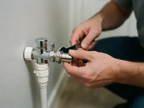 Close-up of hands using a wrench to tighten a metal fitting on a white dishwasher valve against a gray wall background