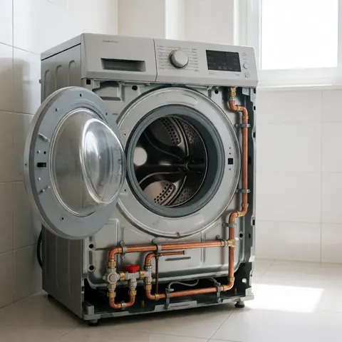 Front load washing machine with open panel showing copper pipes and water connections in a tiled room with natural light
