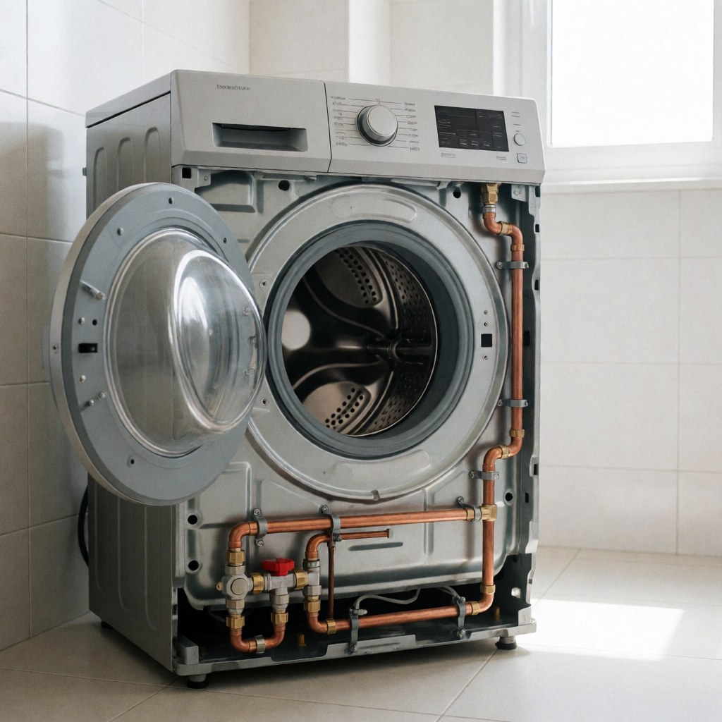 Front load washing machine with open panel showing copper pipes and water connections in a tiled room with natural light