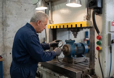 Technician in blue uniform adjusting a pressure gauge on an industrial hydraulic pump in a workshop with concrete walls and ceiling lights.