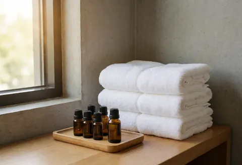 Folded white towels and essential oils on a wooden tray near a window with natural light, concrete wall, and relaxing atmosphere.
