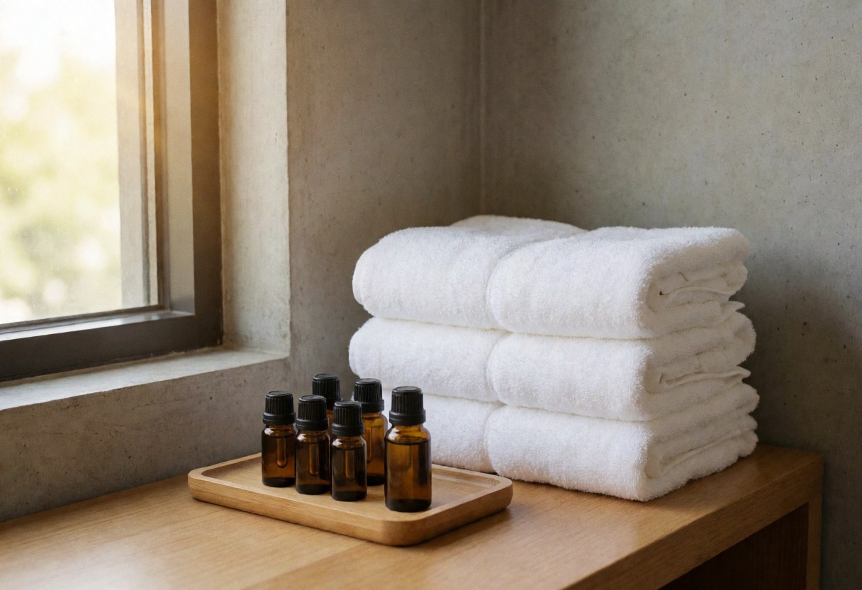 Folded white towels and essential oils on a wooden tray near a window with natural light, concrete wall, and relaxing atmosphere.