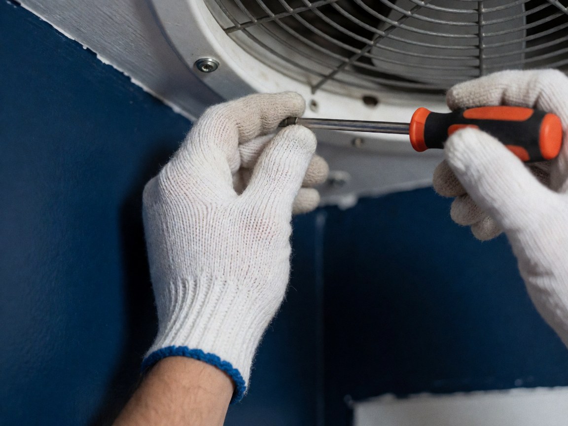 Close-up of gloved hands using pliers to tighten a screw on a kitchen fan against a dark blue background