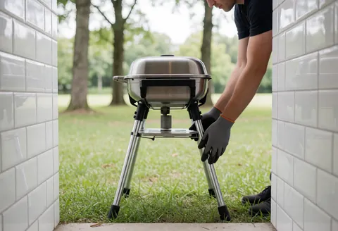 Person adjusting legs of a portable stainless steel grill in a garden with grass and white tiled walls under natural light