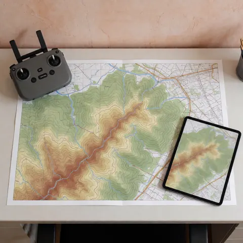 Topographic map with contour lines and color gradients next to a drone controller and tablet on an office desk with a terracotta wall.