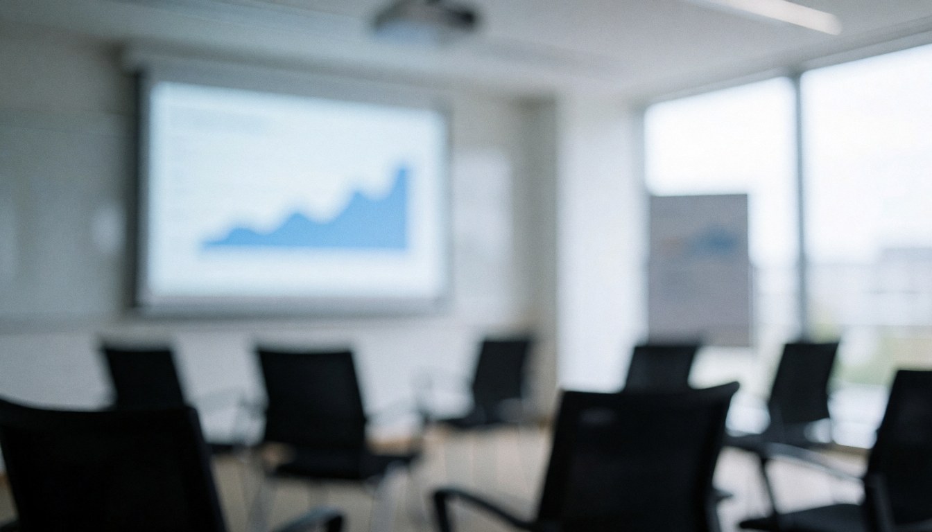 Professional meeting room background featuring black chairs and a projected screen displaying analysis charts, suitable for strategy and planning text overlays.