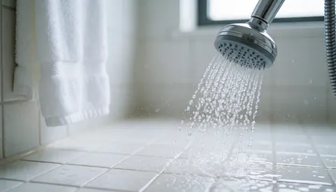 Water streams from a metal showerhead onto white ceramic tiles, with a white towel hanging on the wall and bright light highlighting the clean bathroom surface.