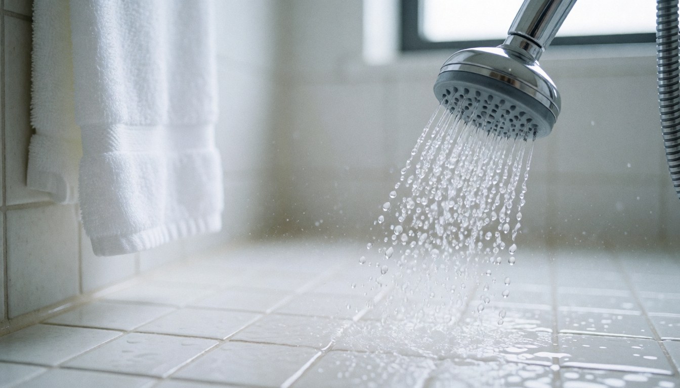 Water streams from a metal showerhead onto white ceramic tiles, with a white towel hanging on the wall and bright light highlighting the clean bathroom surface.