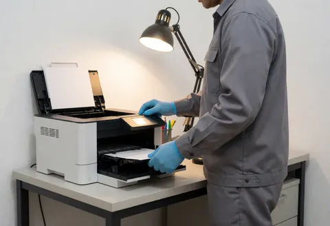 Technician in gray uniform repairing an office printer under desk light, showing internal components and tools on the table.