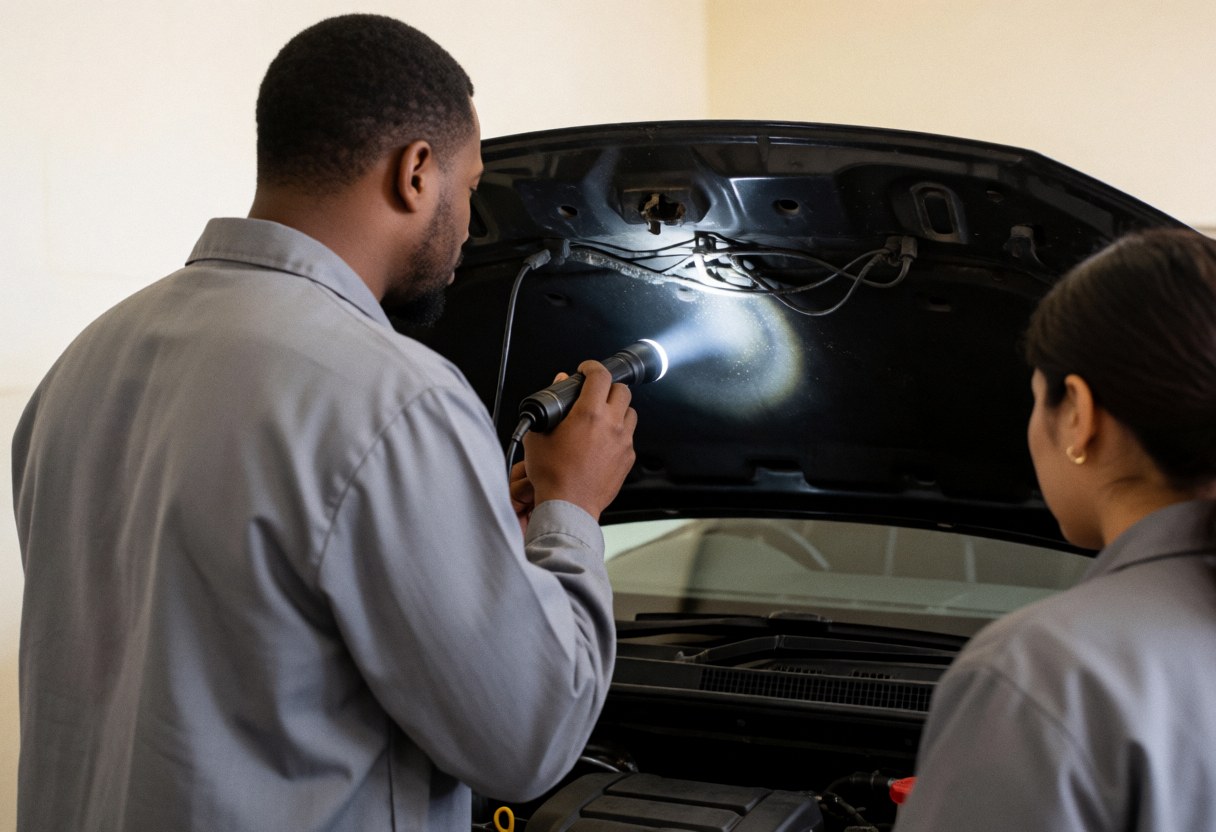 Professional mechanic using a flashlight to inspect the car engine and wiring in a well-lit garage.
