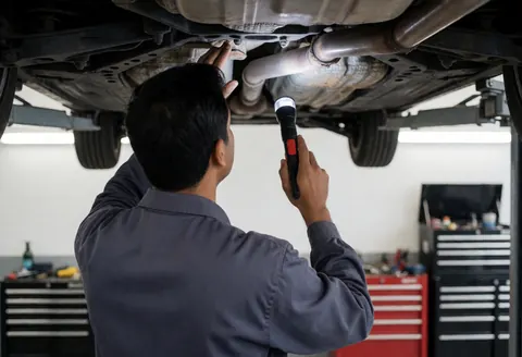 Mechanic under a vehicle inspecting the exhaust system using a flashlight in a workshop with tools and toolboxes