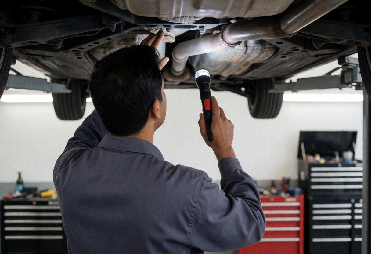 Mechanic under a vehicle inspecting the exhaust system using a flashlight in a workshop with tools and toolboxes
