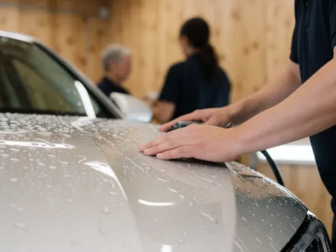 Close-up of hands wiping a freshly washed car hood, with glistening water droplets on the surface and a blurred workshop background.