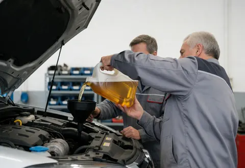 Two mechanics in a workshop pour new oil into the engine of a raised car, with tools and parts organized in the background.