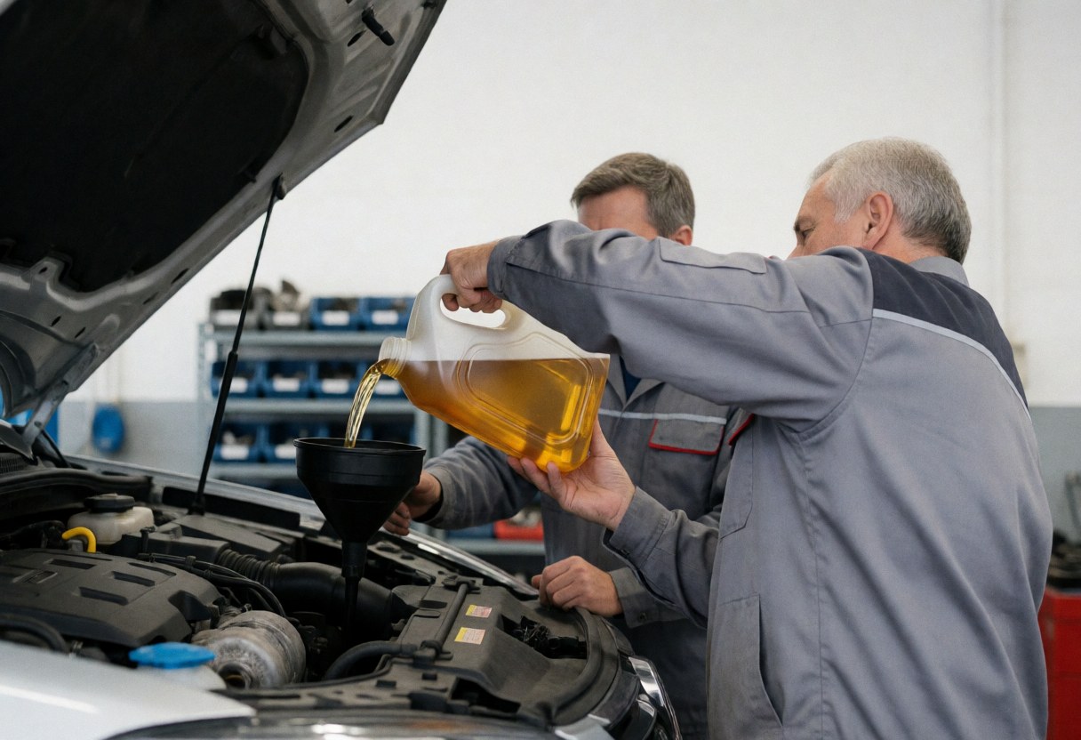 Two mechanics in a workshop pour new oil into the engine of a raised car, with tools and parts organized in the background.