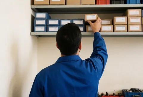 Mechanic in workshop taking spare parts box from shelf, white wall background and tools in foreground.