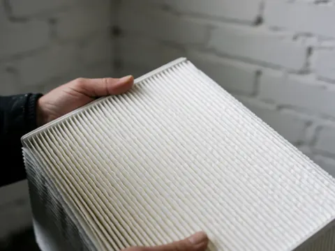 Close-up of hands holding a new white pleated automotive air filter against a blurred white brick wall background