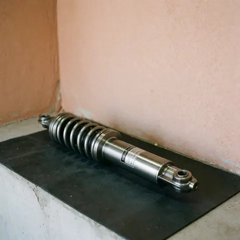 New metallic suspension shock absorber with visible spring resting on a black mat in a workshop with terracotta walls