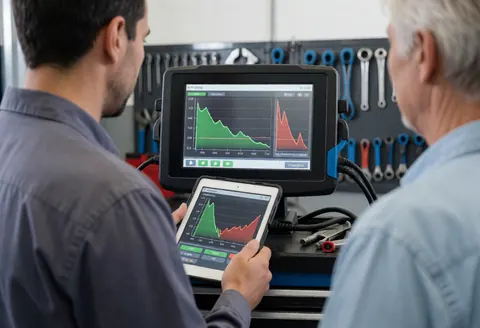 Two mechanics review suspension data on tablets and a monitor in a professional workshop with tools on the wall