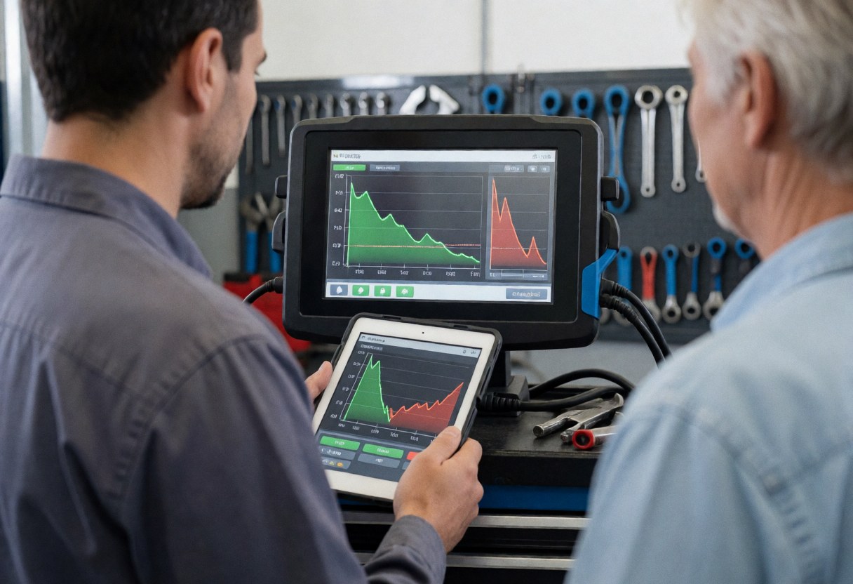 Two mechanics review suspension data on tablets and a monitor in a professional workshop with tools on the wall