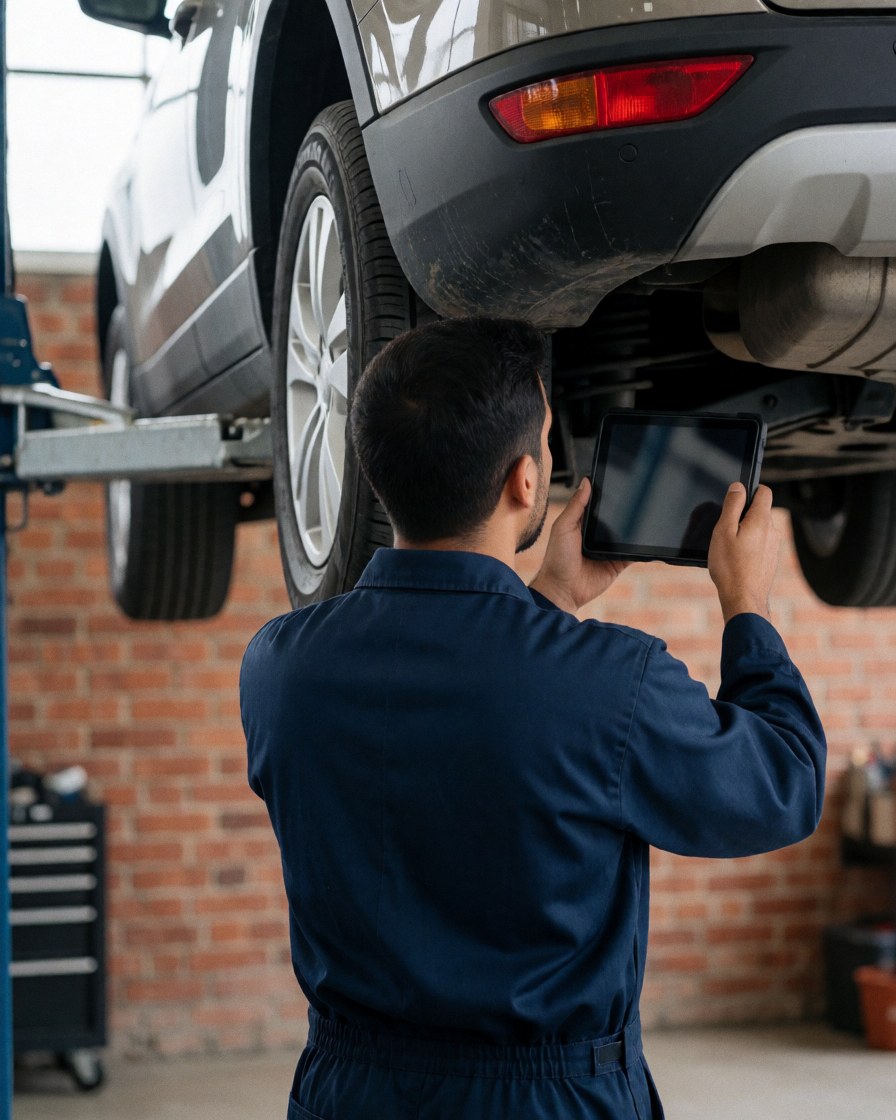 Mechanic checking SUV chassis with tablet under lift in workshop with brick wall