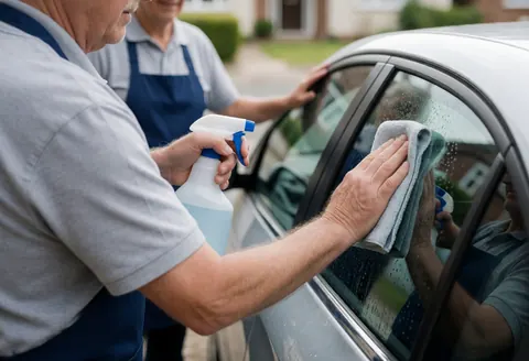 Two workers cleaning a car window with spray and cloth on a residential street with a blurred background