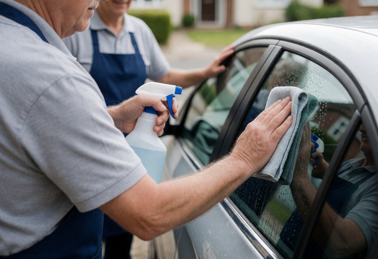 Two workers cleaning a car window with spray and cloth on a residential street with a blurred background