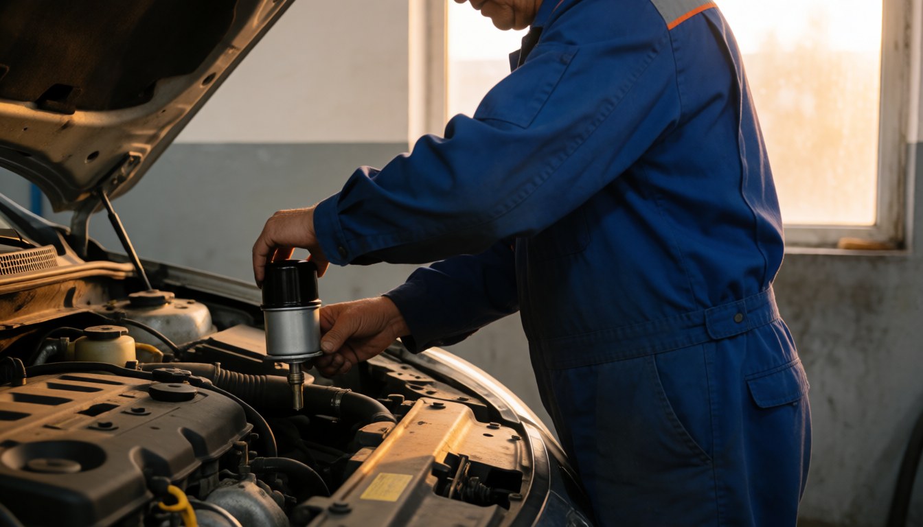 Mechanic in blue uniform installing a new oil filter on a car engine, lit by warm window light against a light gray wall.