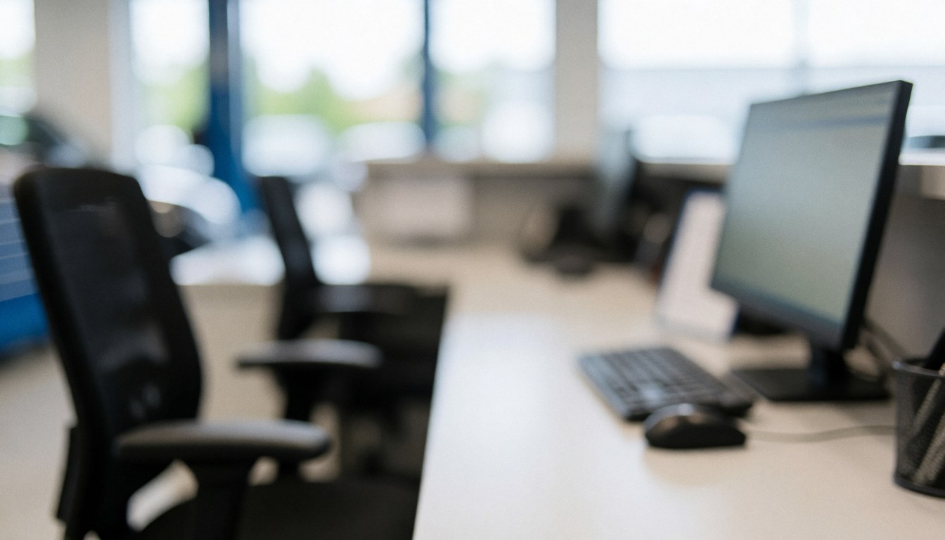 Blurred background of a mechanic workshop reception featuring black chairs, a computer, and a white table, suitable for text overlays and advertisements.