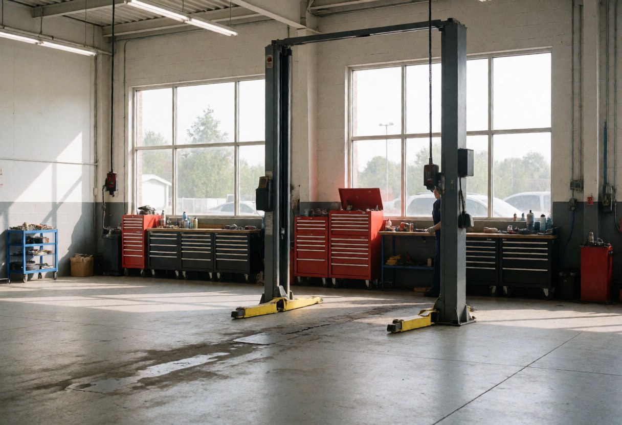 Interior of a car repair shop featuring a hydraulic lift, red and black toolboxes, large windows, and an oil-stained concrete floor.