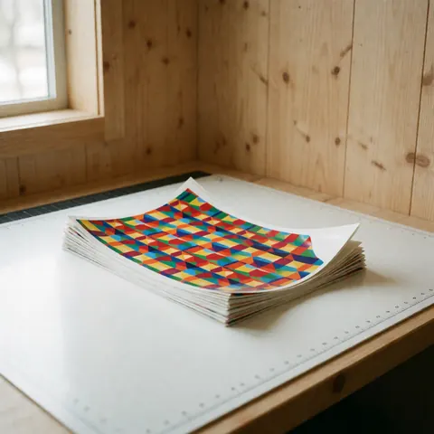 A pile of vibrant geometric patterned stickers resting on a white cutting mat near a window with natural light and light wood walls.