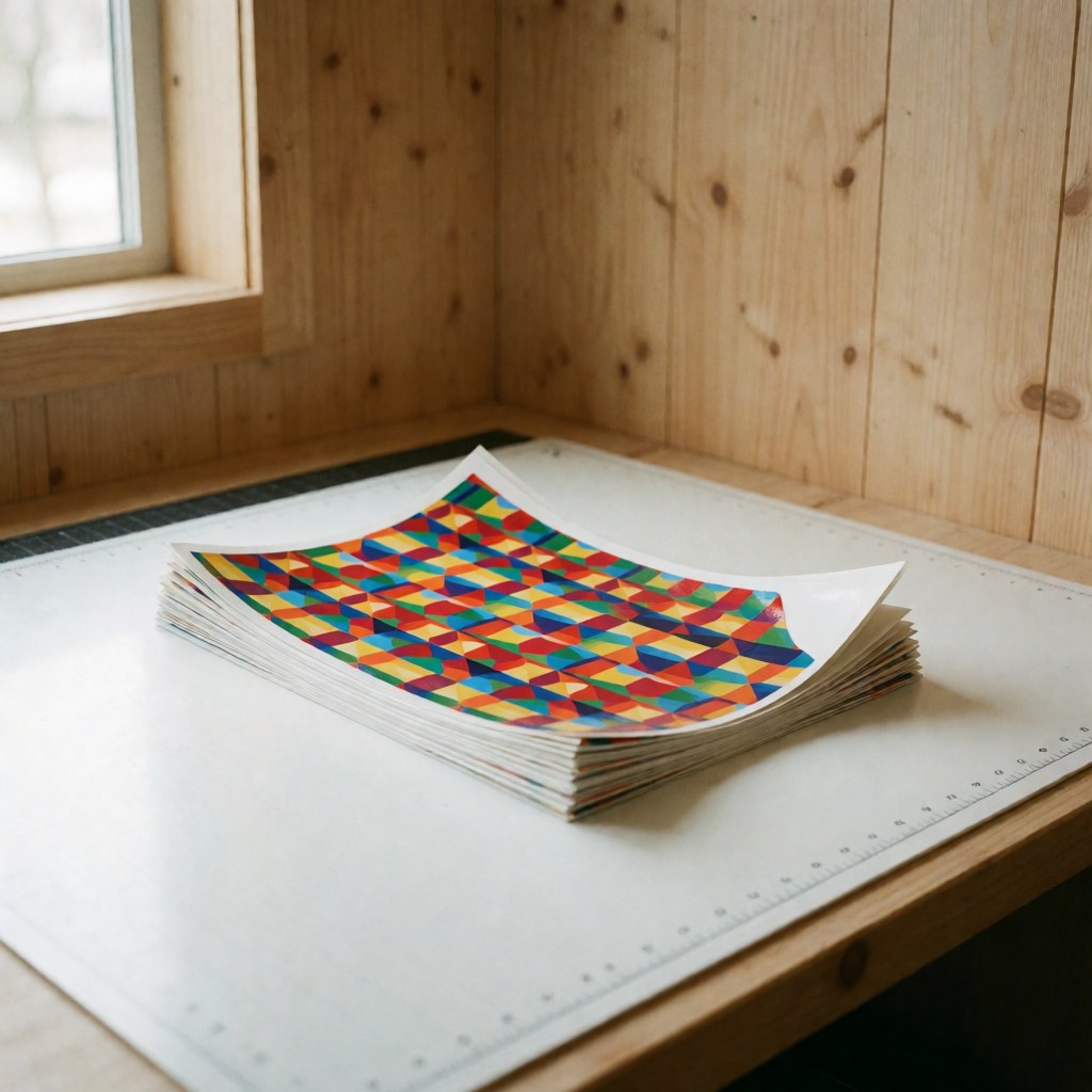 A pile of vibrant geometric patterned stickers resting on a white cutting mat near a window with natural light and light wood walls.