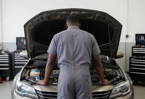 Mechanic inspecting a sedan engine with the hood open in a clean workshop with organized tools