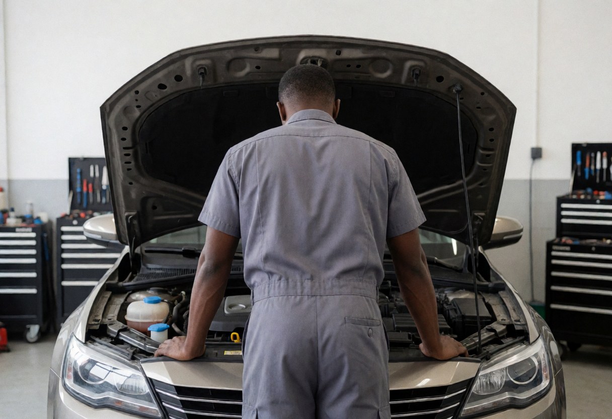 Mechanic inspecting a sedan engine with the hood open in a clean workshop with organized tools