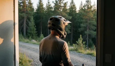 A mountain biker wearing a protective helmet stands at a home entrance, facing a gravel trail surrounded by dense forest with golden sunset light.
