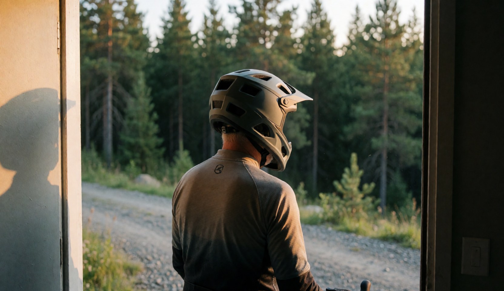 A mountain biker wearing a protective helmet stands at a home entrance, facing a gravel trail surrounded by dense forest with golden sunset light.