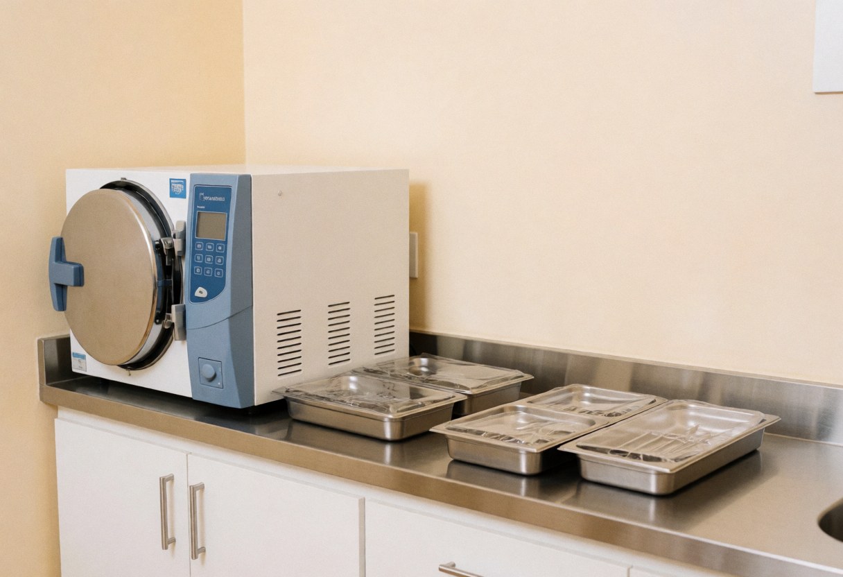 Sterilization chamber with sealed metal trays on a stainless steel counter in a clean clinical room