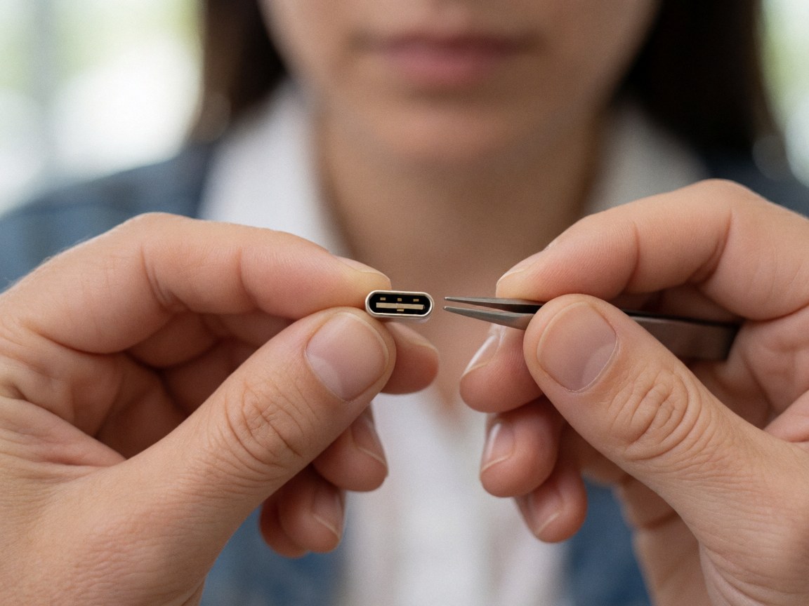 Close-up of technician using tweezers to repair a USB-C port, showing shiny metallic contacts and precise work on a cell phone component.