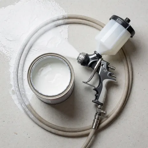 Spray gun with hose and white membrane can resting on a concrete surface, showcasing professional waterproofing tools in bright, clean lighting.