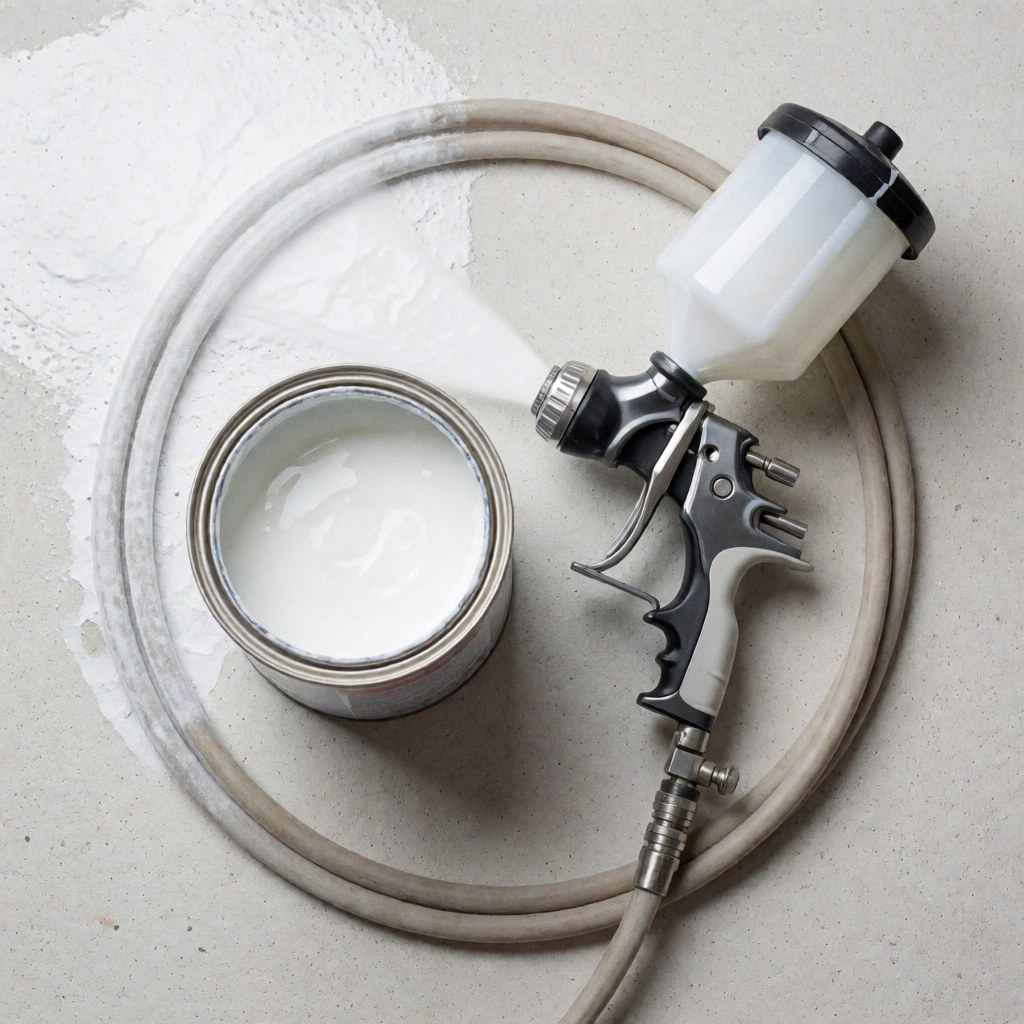 Spray gun with hose and white membrane can resting on a concrete surface, showcasing professional waterproofing tools in bright, clean lighting.